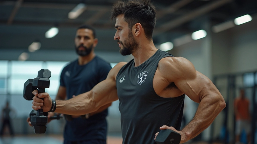 مدرب لياقة بدنية يساعد لاعب كرة طائرة على تطوير قوته العضلية في صالة تدريب حديثة