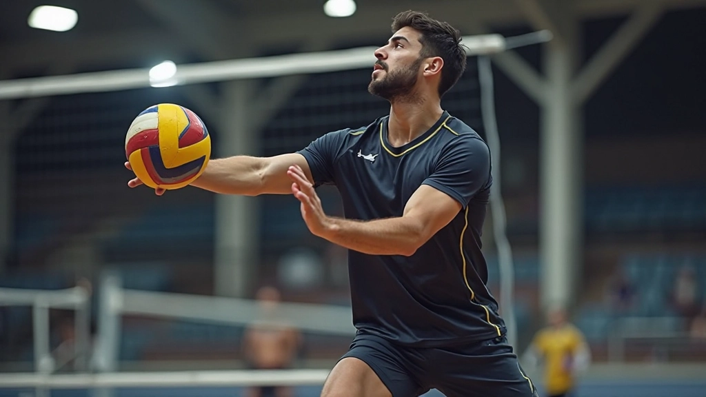 لاعب كرة طائرة يقوم بحركة دفاعية احترافية في ملعب